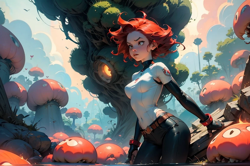 Epic sexy sheer peach skintight Cinematic PUNK ROCK cute red haired woman, with bouncing breasts in the style of Tony Sandoval and Ashley Woods art. Fighting slimy tentacles in the the clouds. EXPLOSION.