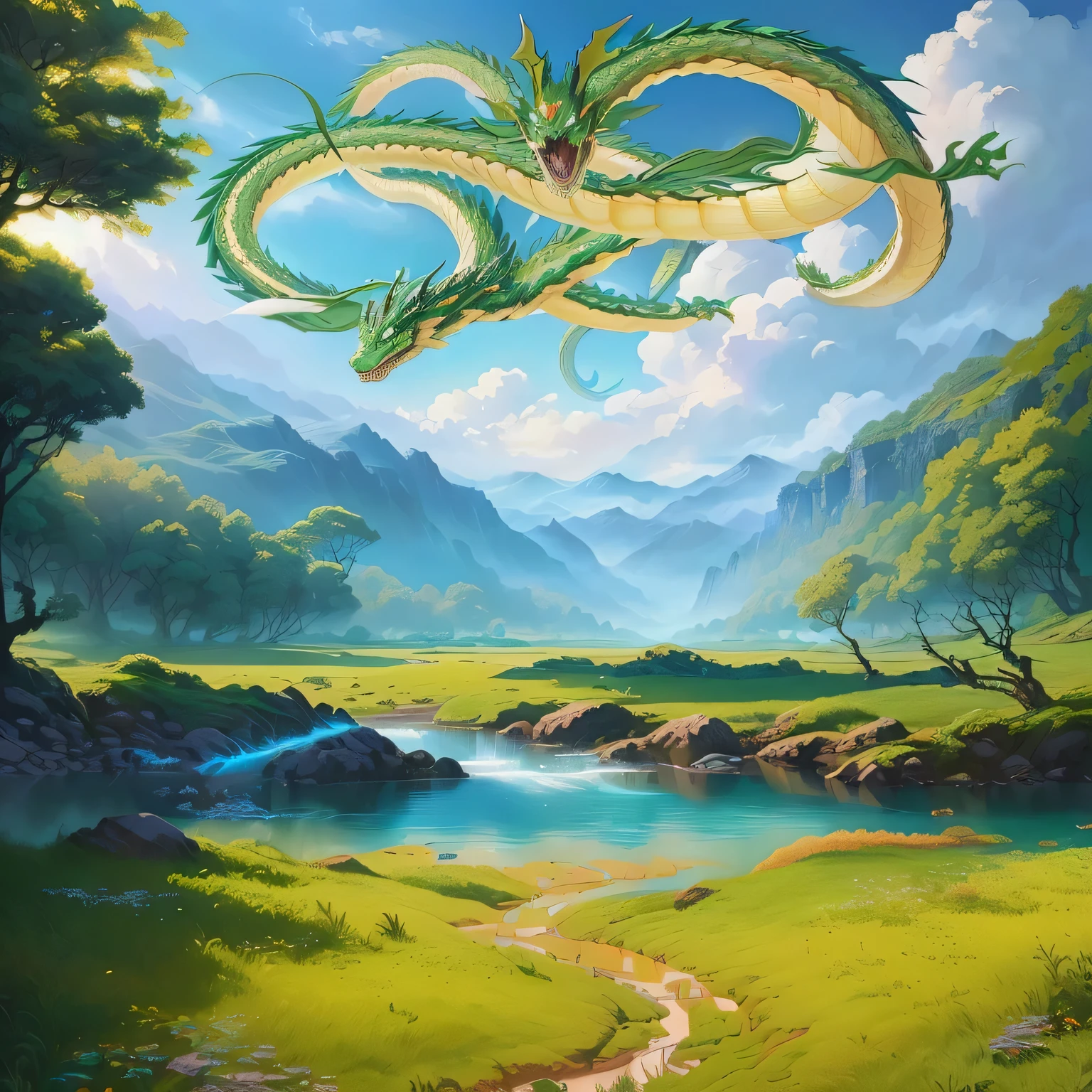 There's a dragon flying over a river in a forest., shenron, realistic fantasy illustration, Detailed fantasy illustration, Whimsical fantasy landscape art, fantasy book illustration, official art, Fantasy RPG book illustration, highly detailed fantasy art, Detailed 2D digital fantasy art, official illustration, anime fantasy illustration, detailed fanart, Digital Fantasy Illustration, very detailed digital painting, full art