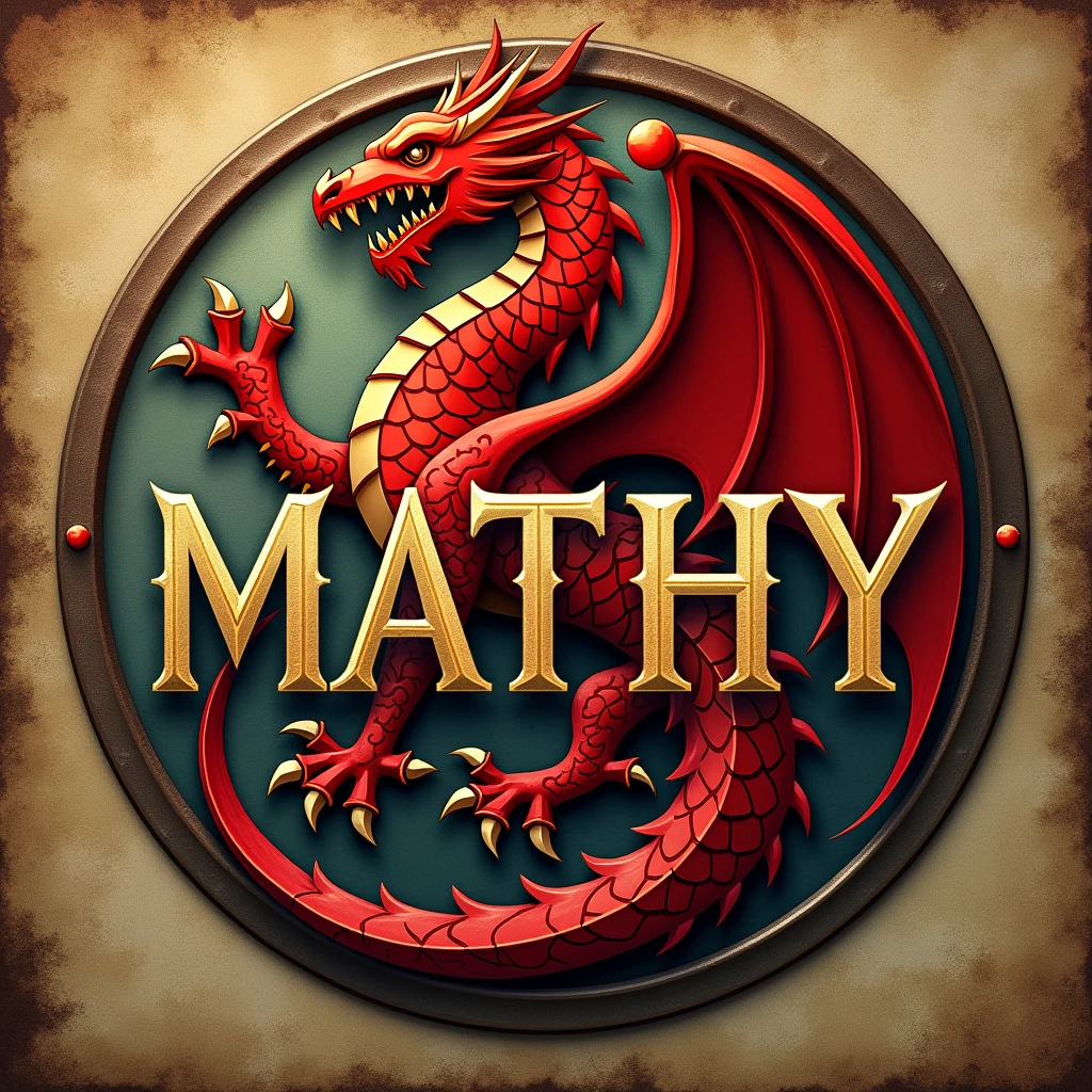 Generate a font for my profile logo with the name "MATHY" that represents a medieval style house's banner and red dragon as its symbol. The font should be traditional elegant. The background should be in earth-tone colors. the center should be circle.