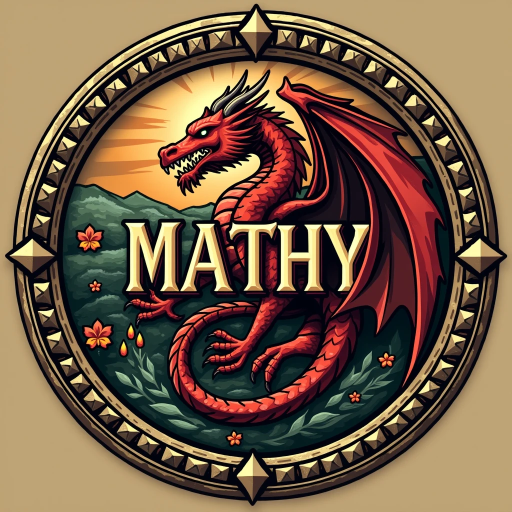Generate a font for my profile logo with the name "MATHY" that represents a medieval style house's banner and red dragon as its symbol. The font should be traditional elegant. The background should be in earth-tone colors. the center should be circle.