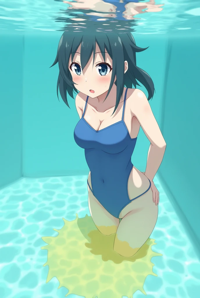 Anime, girl, girl in a blue swimsuit, half in the water, pissing herself, pissing with yellow urine, yellow urine flows from the swimsuit, yellow urine dissolves in the pool, yellow urine under water, there is a spot of yellow urine in the pool, a girl under water, a cloud of yellow urine under the water