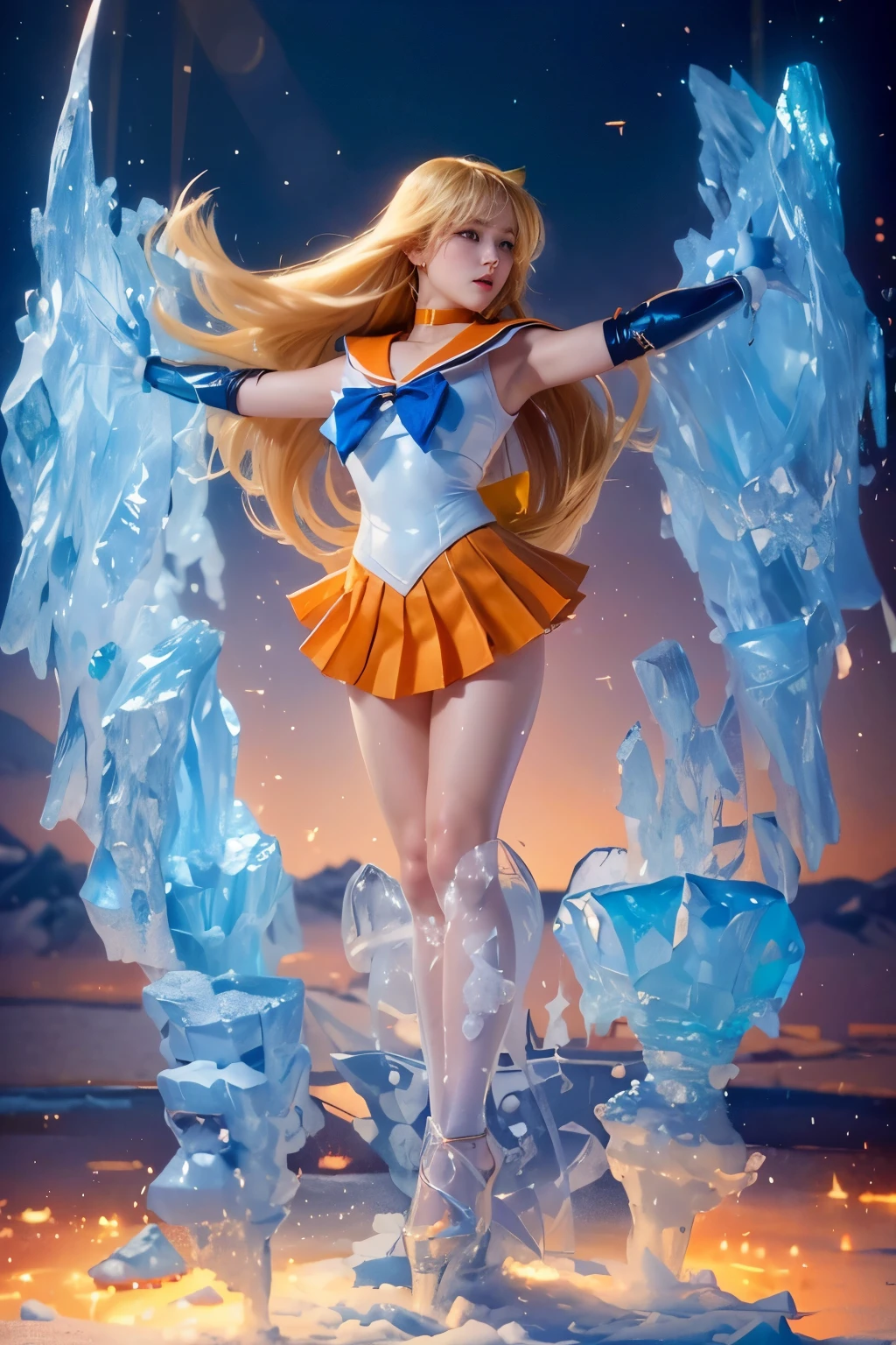 masterpiece, Highest quality, 超A high resolution, (Realistic), RAW Photos, Surreal:1.1, Octane Rendering, Mature Woman, Japanese, ((Depict the whole body)), Sailor Venus, Frozen in ice, Both arms are covered in ice, Both legs are buried in ice, Pose of being crucified on a cross, ((The ice is transparent, Hands and feet are visible)), Lots of ice, masterpiece, Very high definition, Cinematic, exciting, Desperate escape attempts, impotence, close, trap, (精巧なSailor Venusのスーツ), ((An orange sailor collar, Orange Mini Pleated Skirt, Long gloves, Exposed thighs, Orange stiletto heels, choker)), ((Latex costumes)), Blonde, Very long straight hair:1.2, Big eyes:1.4, Solid eye makeup:1.3, Big ample breasts:1.1, Detailed eyes:1.5,