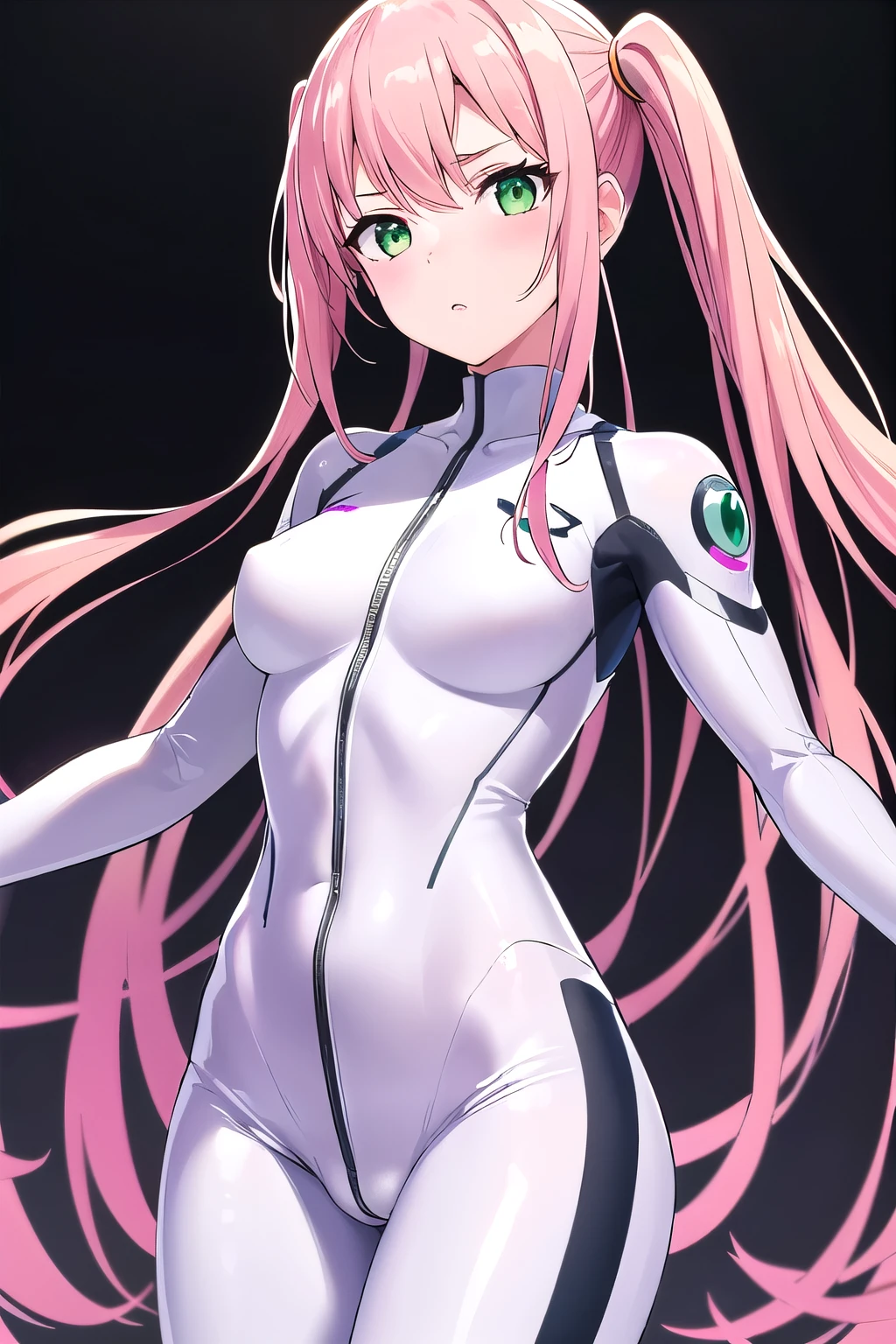 1 girl,Samus aran,solo,green eyes, pink hair, forehead hair, white zero suit,white body suit,purple stripes,cowboy shot,blush,,Science fiction,ultra-detailed,sharp focus,aesthetic,(best quality), white background