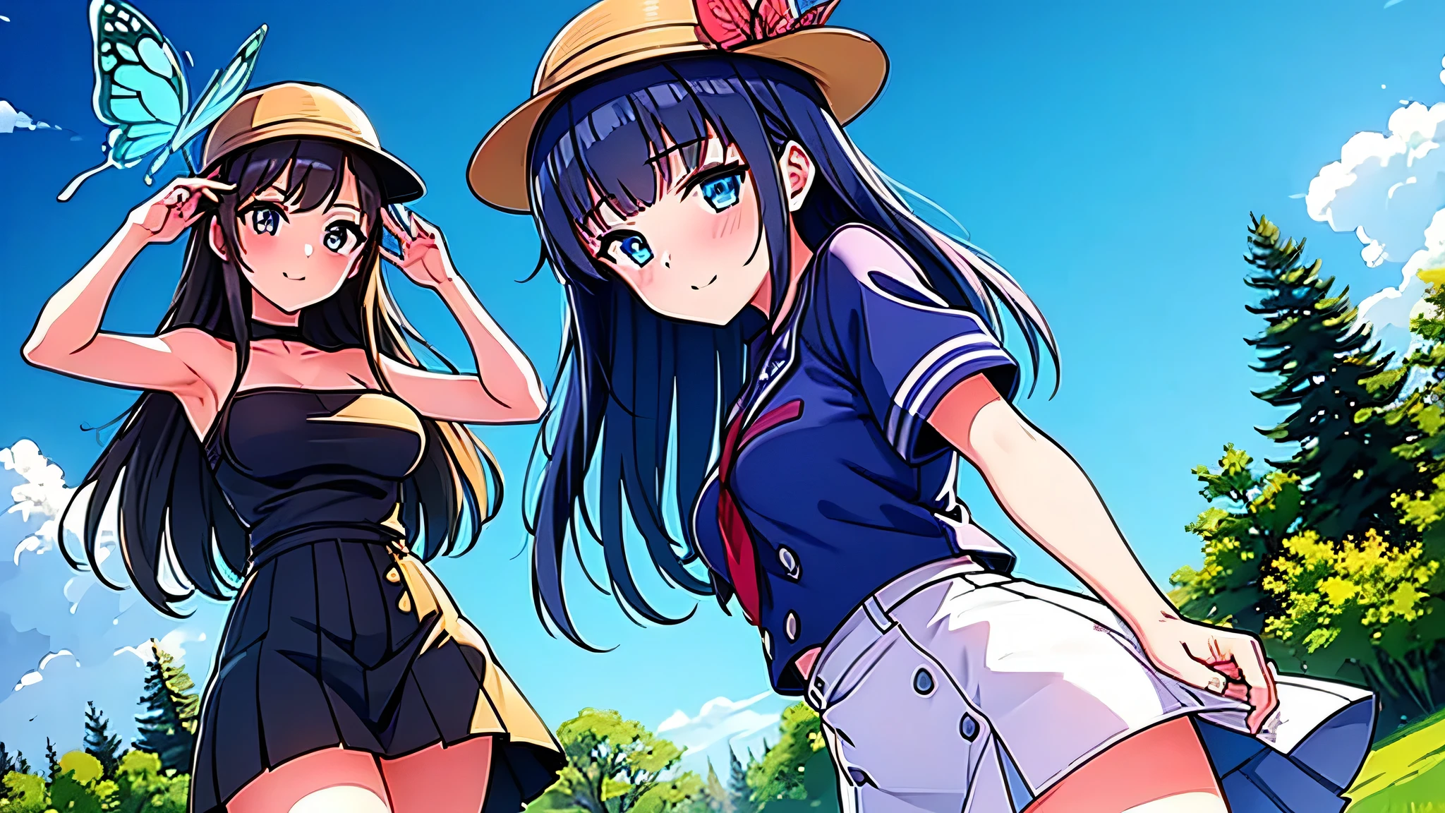 2 girls on vacation in sexy clothes on a meadow playing with a butterfly