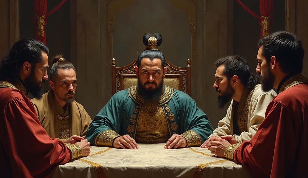 The Emperor’s expression is a mix of determination and obsession, as he listens intently to their counsel on achieving immortality."