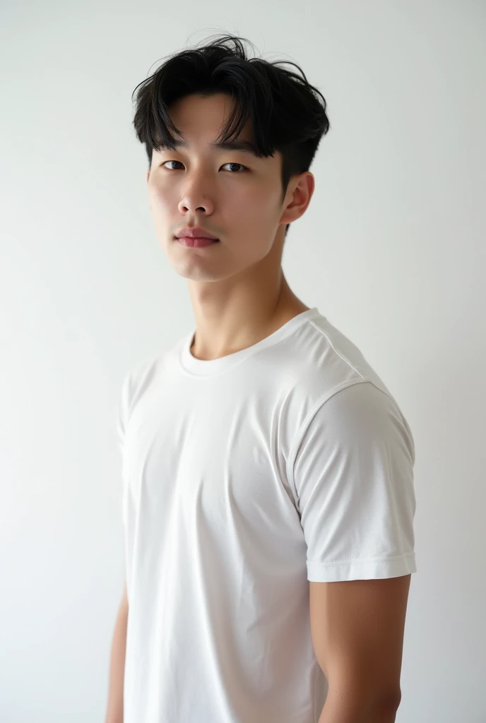 Young man korean wearing plain unisex t-shirt wet, muscle balance,tight nipples,,on a white background