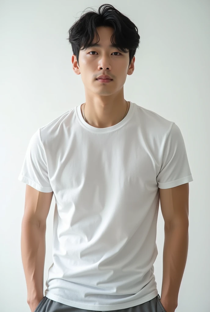 Young man korean wearing plain unisex t-shirt wet, muscle balance,tight nipples,,on a white background