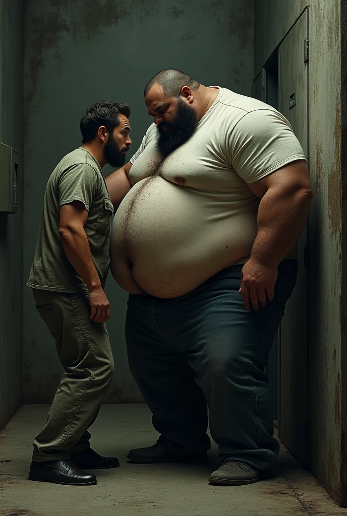 A man getting caught by a fat man with his belly out in prison.