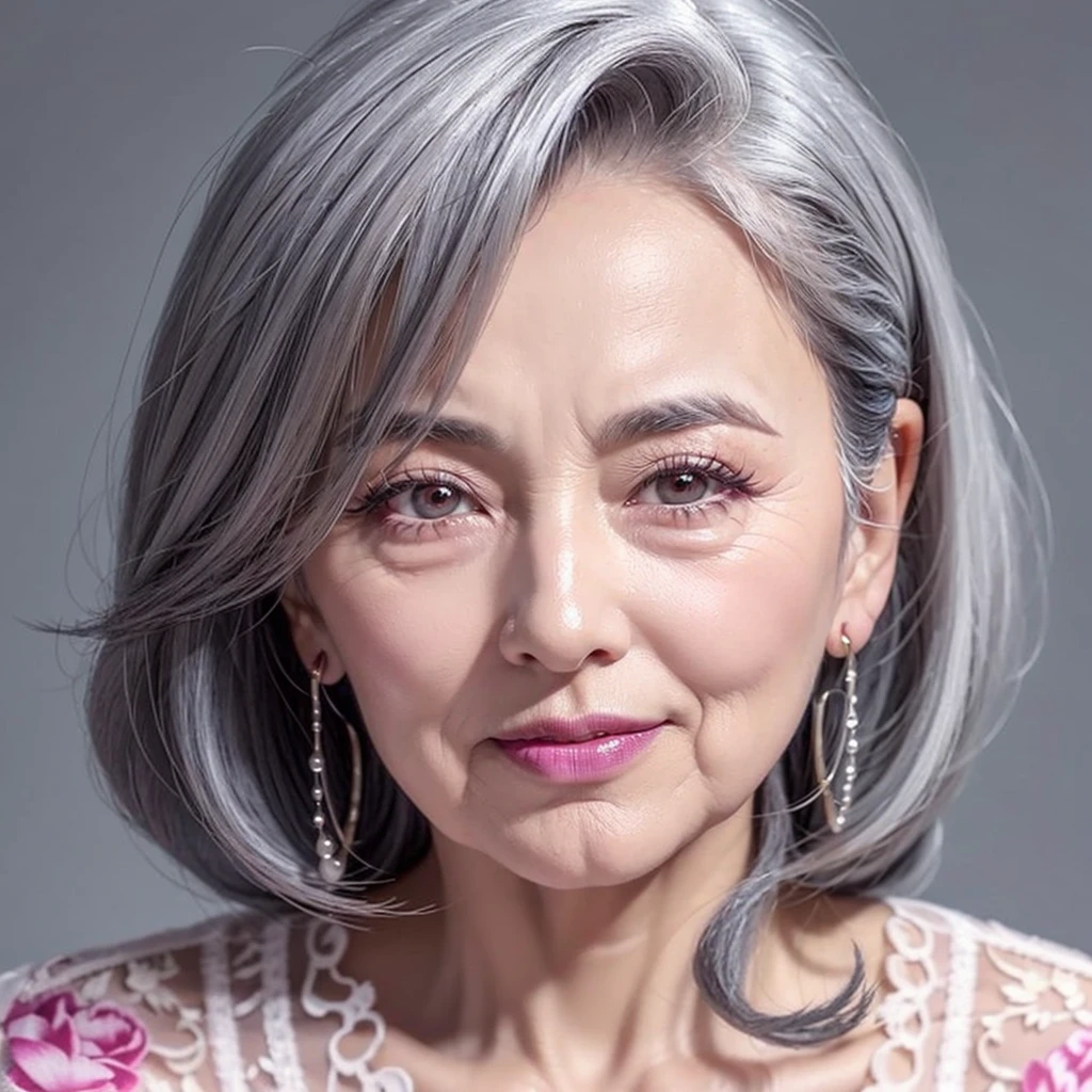 100-year-old grandmother、Gray Hair、low amount of hair、The wrinkles are very deep、Mouth wrinkles、Hair is generally thin、Heavy makeup, Magenta gloss lips, Hollow Eyes,Missing teeth in mouth、