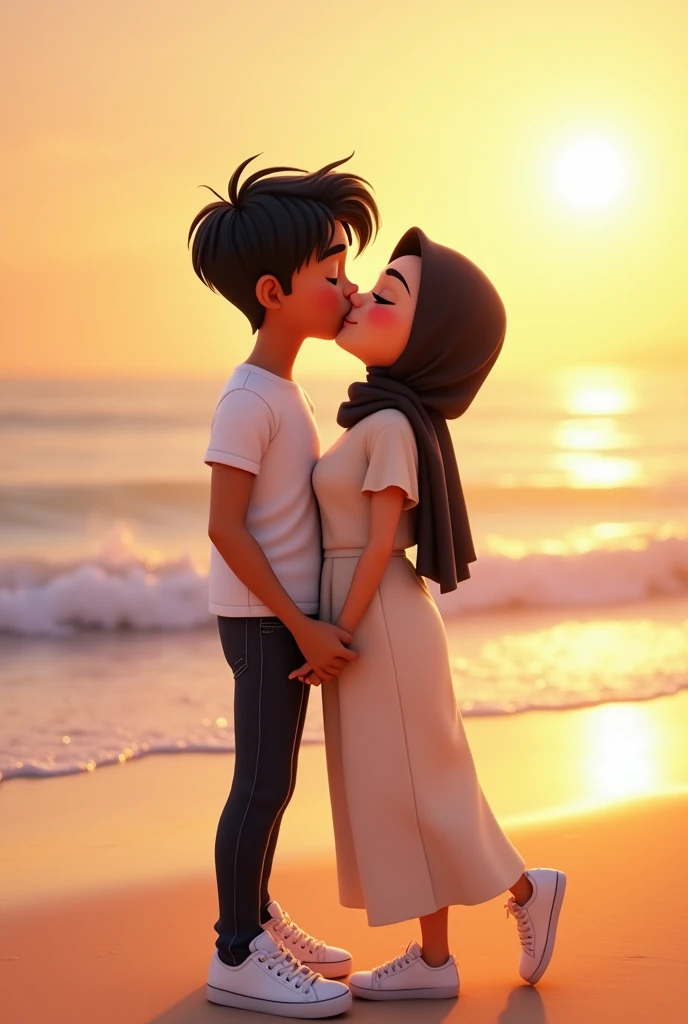 Disney Pixar poster that says a brown-skinned male character with short Korean hair, wearing a white short-sleeved shirt and black jeans and white shoes is kissing a woman on the cheek on the beach with simple make-up and a black hijab, the woman is facing the camera. 3D animation