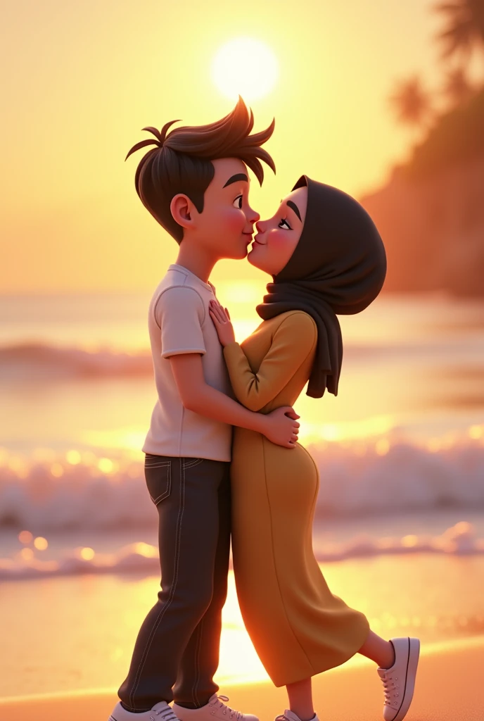 Disney Pixar poster that says a brown-skinned male character with short Korean hair, wearing a white short-sleeved shirt and black jeans and white shoes is kissing a woman on the cheek on the beach with simple make-up and a black hijab, the woman is facing the camera. 3D animation