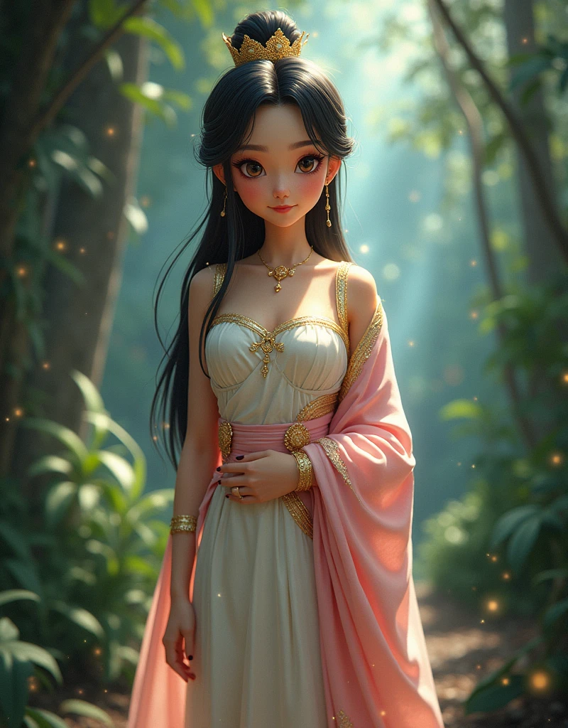 full lenght standing full body picture of a beautiful, sweet, gentle young woman, 20 years old, big round eyes, pink lips and cheeks, looking straight ahead, wearing a white Thai dress with gold sparkles, a white and gold sarong, a pink shawl with gold sparkles, long black hair, long black hair tied loosely, wearing a small golden crown in the shape of a Naga, light from the stars, a beautiful realistic scene of a mysterious jungle, shimmering light, 3D image, oil painting, sharp image