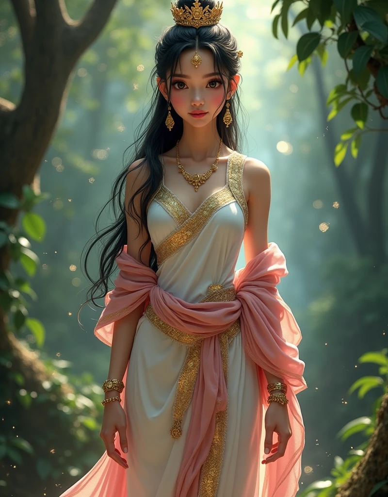 full lenght standing full body picture of a beautiful, sweet, gentle young woman, 20 years old, big round eyes, pink lips and cheeks, looking straight ahead, wearing a white Thai dress with gold sparkles, a white and gold sarong, a pink shawl with gold sparkles, long black hair, long black hair tied loosely, wearing a small golden crown in the shape of a Naga, light from the stars, a beautiful realistic scene of a mysterious jungle, shimmering light, 3D image, oil painting, sharp image