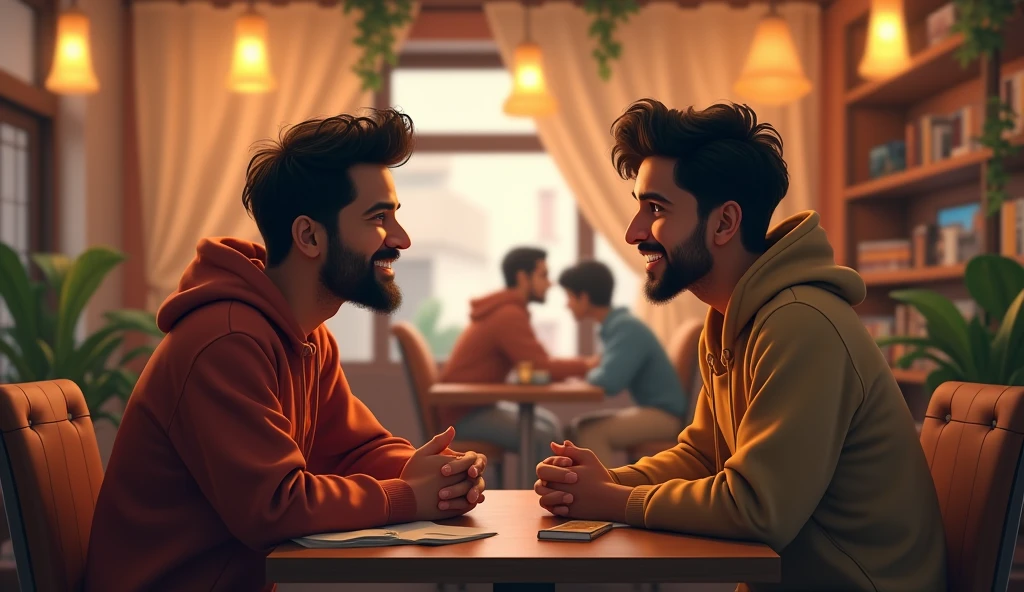 Two friends, Amit and Rajesh, in their late 20s, sitting together and discussing business ideas in a small cozy café. Amit looks organized and calm, while Rajesh appears excited and ambitious. The café has a warm, inviting atmosphere with a few other people in the background.