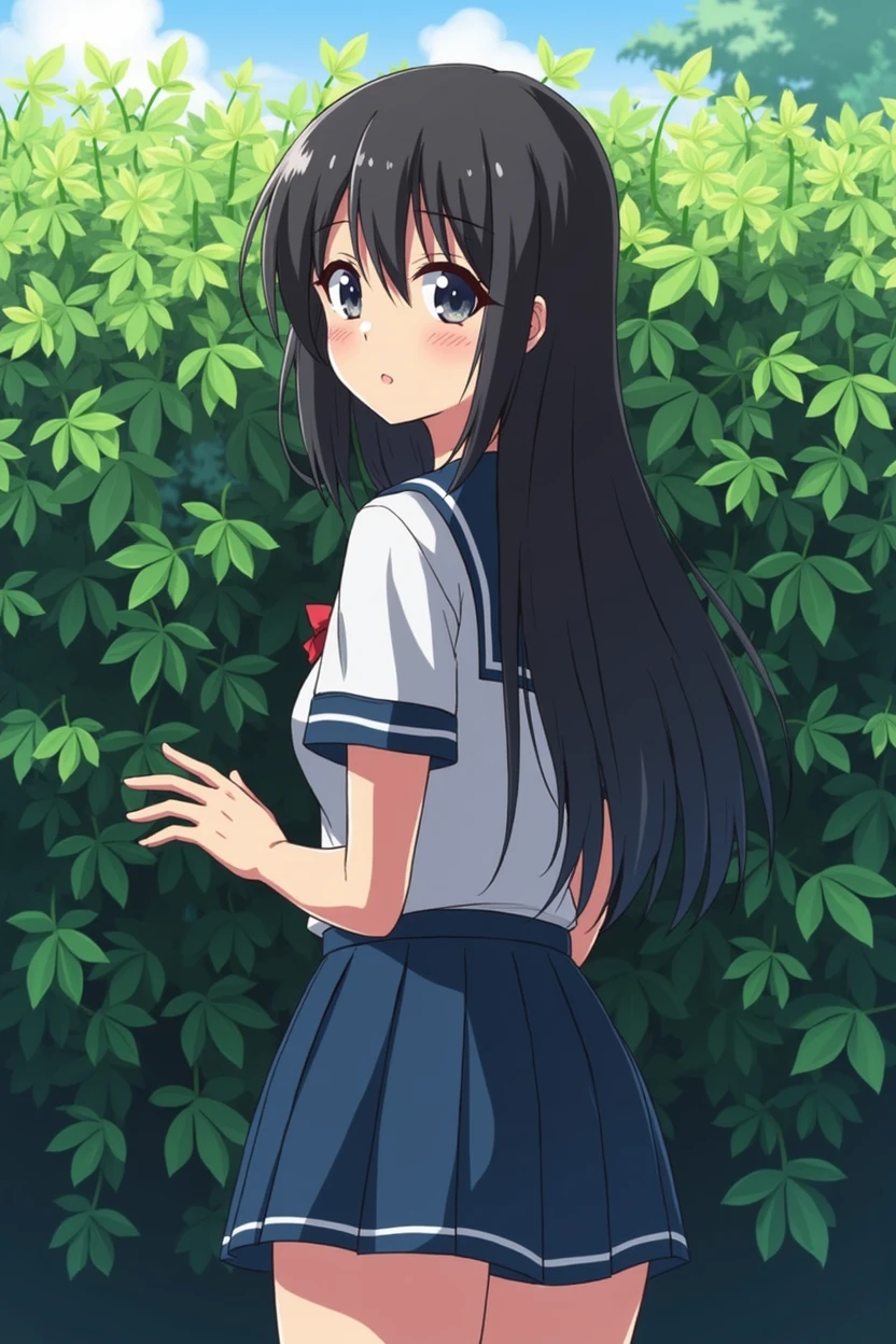 Beautiful  girl, japanese, schoolgirl clothes, huge ass, visible ass, hidden behind a bush, huge ass, huge butt, Shoulder length hair, hidden behind a bush, at school, forced, anime style, teen, ass in pomp, mini skirt, huge ass, huge ass