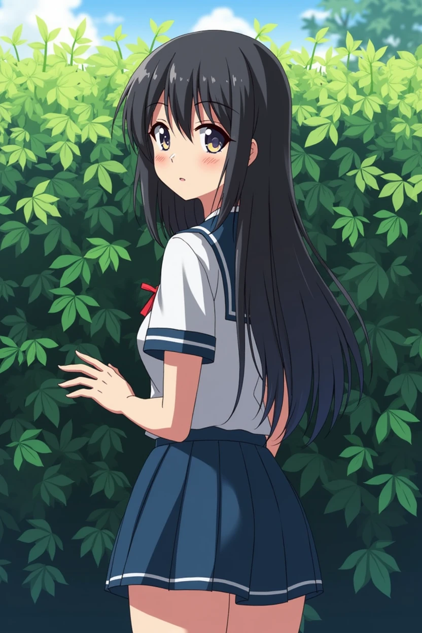 Beautiful 14 year old girl, japanese, schoolgirl clothes, huge ass, visible ass, hidden behind a bush, huge ass, huge butt, Shoulder length hair, hidden behind a bush, at school, forced, anime style, teen, ass in pomp, mini skirt, huge ass, huge ass