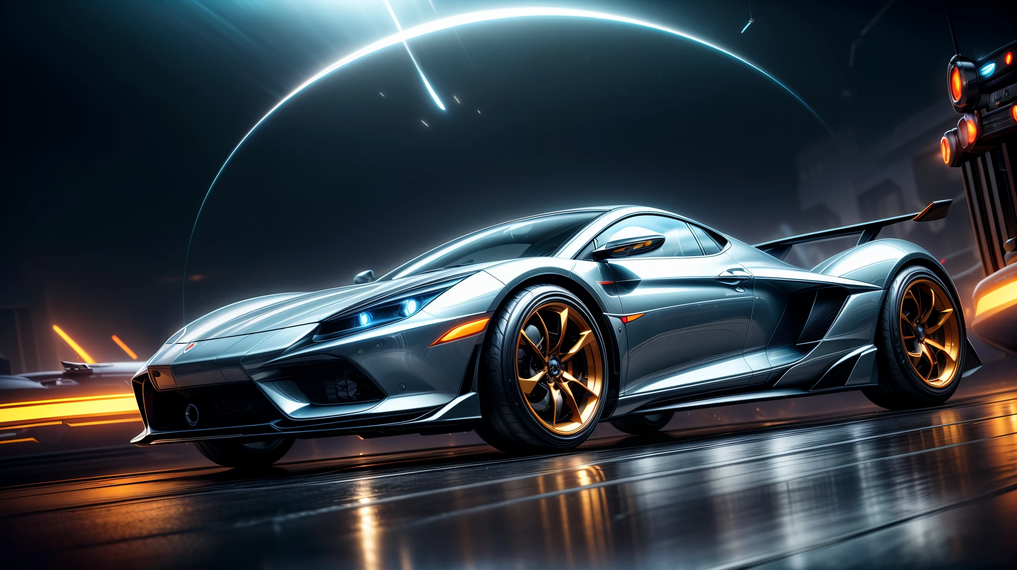 realistic flying electric car, cinematic dramatic lighting, photorealistic 8k, highly detailed, intricate mechanical design, futuristic technology, glossy metallic finish, dynamic motion blur, dramatic cinematic angles, glowing energy orb, floating in mid-air, sci-fi cyberpunk atmosphere, vibrant color palette, volumetric fog, ray-traced reflections, hyper-realistic textures