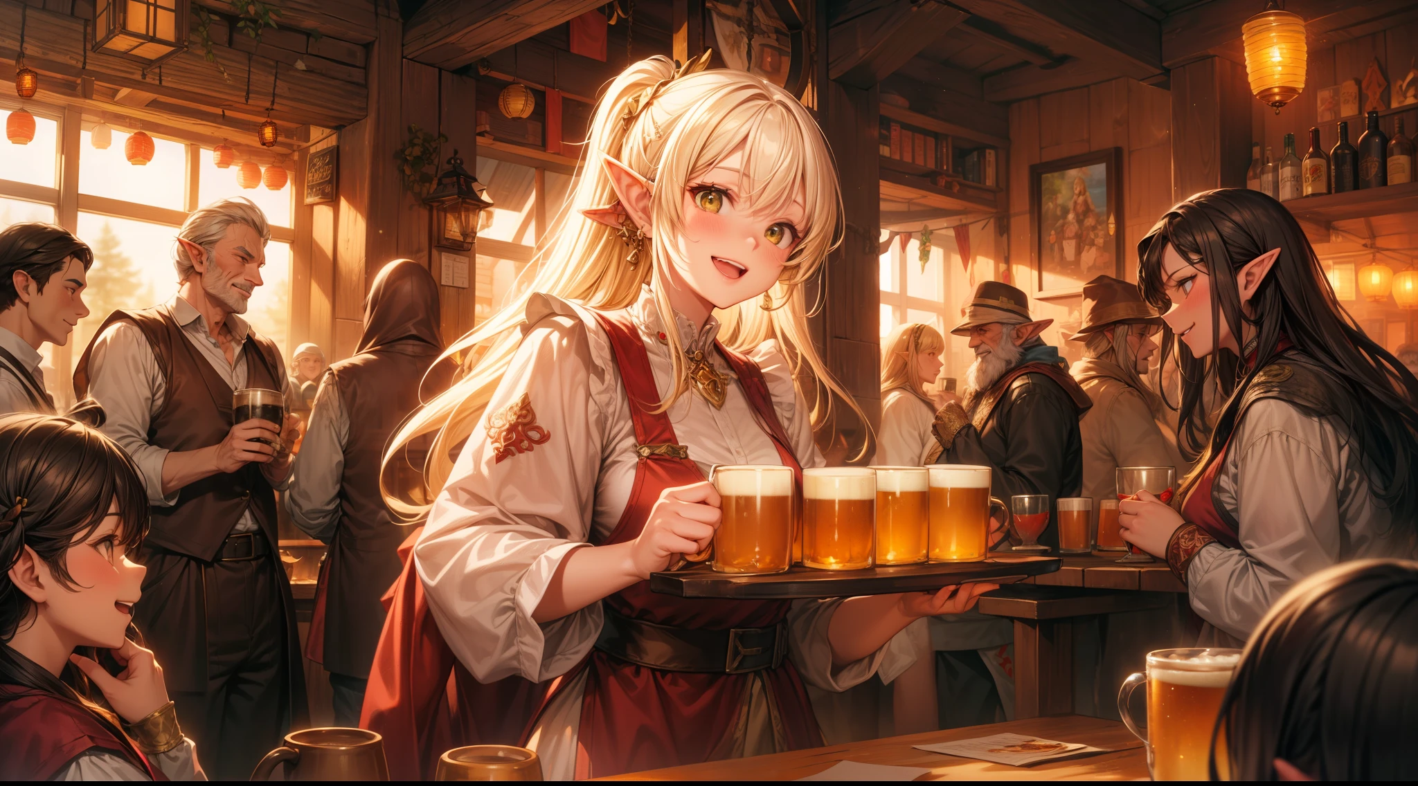 An illustrated scene set in a lively fantasy tavern at twilight. The focus is on a cheerful elf waitress, a young woman with long flowing hair and pointed ears, wearing a traditional tavern outfit. She is smiling warmly as she carries a large tray of mugs filled with beer, distributing them to a diverse group of patrons gathered around a round wooden table. The background shows a bustling tavern filled with various races, including humans, dwarves, and elves, all engaged in lively conversation. The setting is cozy, with a warm glow from lanterns and a large hearth, casting a soft, inviting light. The overall mood is vibrant yet warm, with a mix of soft browns, golds, and oranges to reflect the twilight hour.