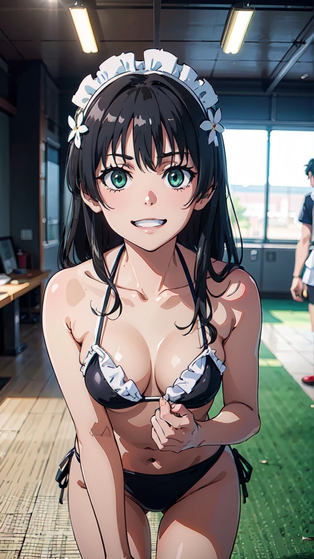  (High resolution:1.4), (masutepiece:1.2), (High quality:1.3) 1girl, saten ruiko, green eyes, long hair, black hair, small breast, (maid Bikini),, cinematic lighting,  pov, dynamic angle, comiket_cosplay_Hiroba comiket_cosplay, N4, grin,