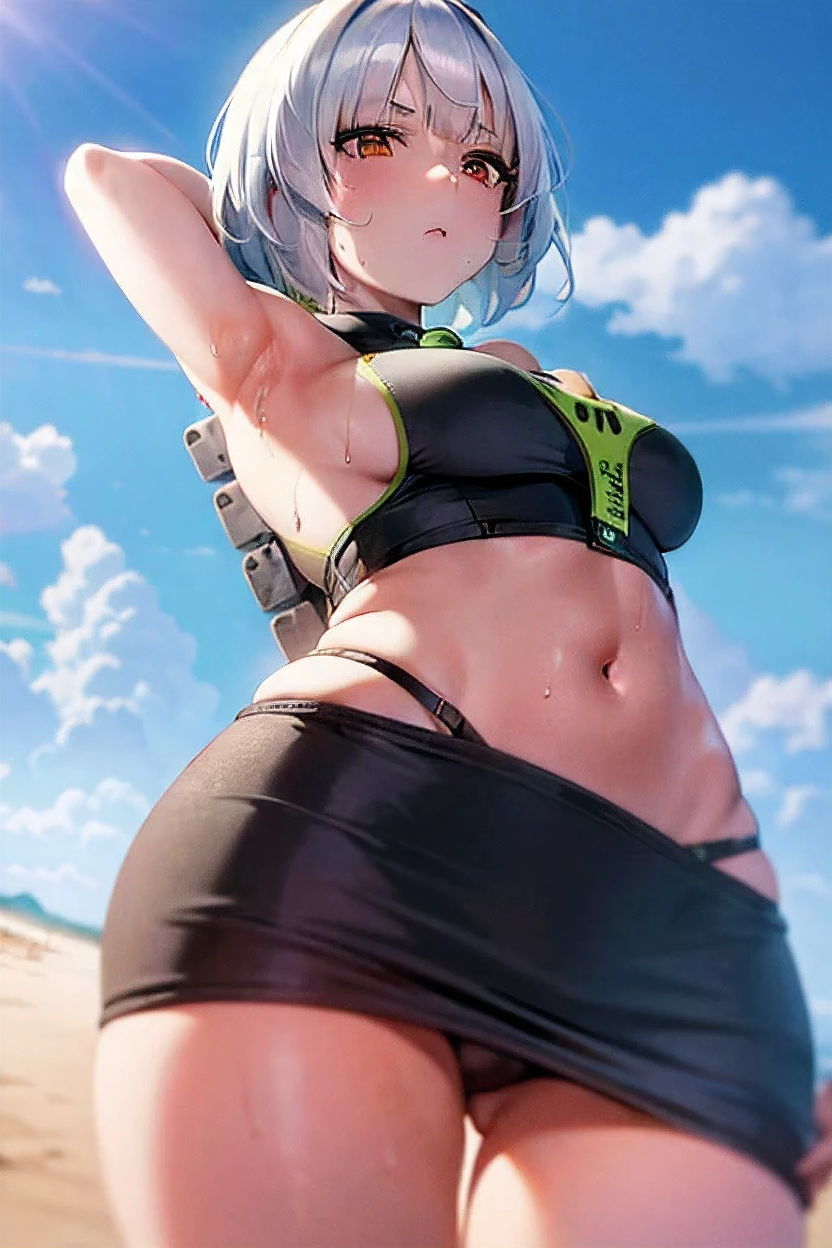 masterpiece, desnudos, sex hot, calidad 8k, sex hot, mirando al espectador, short hair with large breasts and a huge ass and wearing a gym wear on a beach with sunny weather, (wet skin and hair:1.5), (light skin), (sweating) ,(beautiful scenery),(perfect face), masterpiece, blush, solo, smooth anime cg art, cleavage, arms behind back, disgruntled expression
