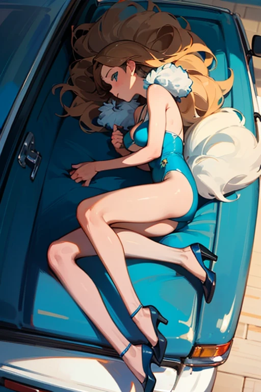 ((Best Quality)), ((masterpiece)), (detailed), 1 girl, lying on the canvas of a classic car wearing a blue and green swimsuit, wavy fur,  by rubio, blue eyes, black heels, big breasts, neckline,((Whole body)), view from above,((profile view))