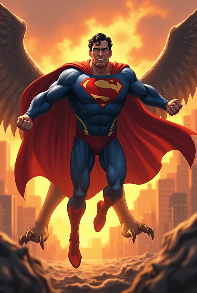 The image is a digital illustration of Superman, the superhero from the DC Comics universe, in action. He is shown in his iconic blue and red suit with the iconic "S" symbol on his chest. Superman is in mid-air, with his arms outstretched and a determined expression on his face.

In front of him, there is a large, menacing creature with sharp claws and sharp teeth. The creature appears to be a winged creature with a large head and sharp claws. It is attacking Superman with its wings spread wide and its mouth open, as if it is about to attack him. The background is a fiery orange and yellow sky with a cityscape in the distance. The overall mood of the image is intense and dramatic, conveying a sense of power and strength.