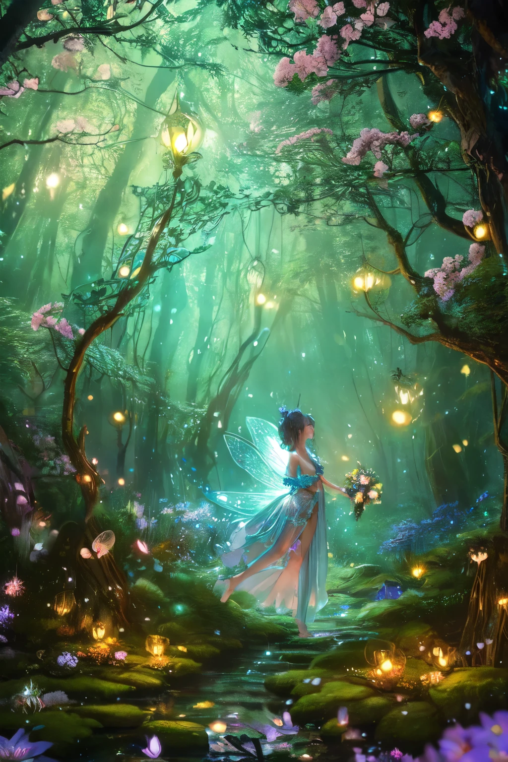 (Full body:1.2) Sexy Fairy girl playing flower in middle forest, art pose. flowing gown made of petals that match the colors of the surrounding flora, The flower beneath her is no ordinary bloom; its petals are large, vibrant, and pulsating with a life of their own, as if responding to the fairy's presence. The background is a lush tapestry of fantastical plants, some with bioluminescent qualities, casting a soft, enchanting glow throughout the forest. Twinkling lights, like tiny fireflies, float lazily through the air, adding to the otherworldly ambiance. The scene captures a moment of pure innocence and wonder as the fairy dances on the delicate edge of the flower, surrounded by the serene beauty of her fantastical realm