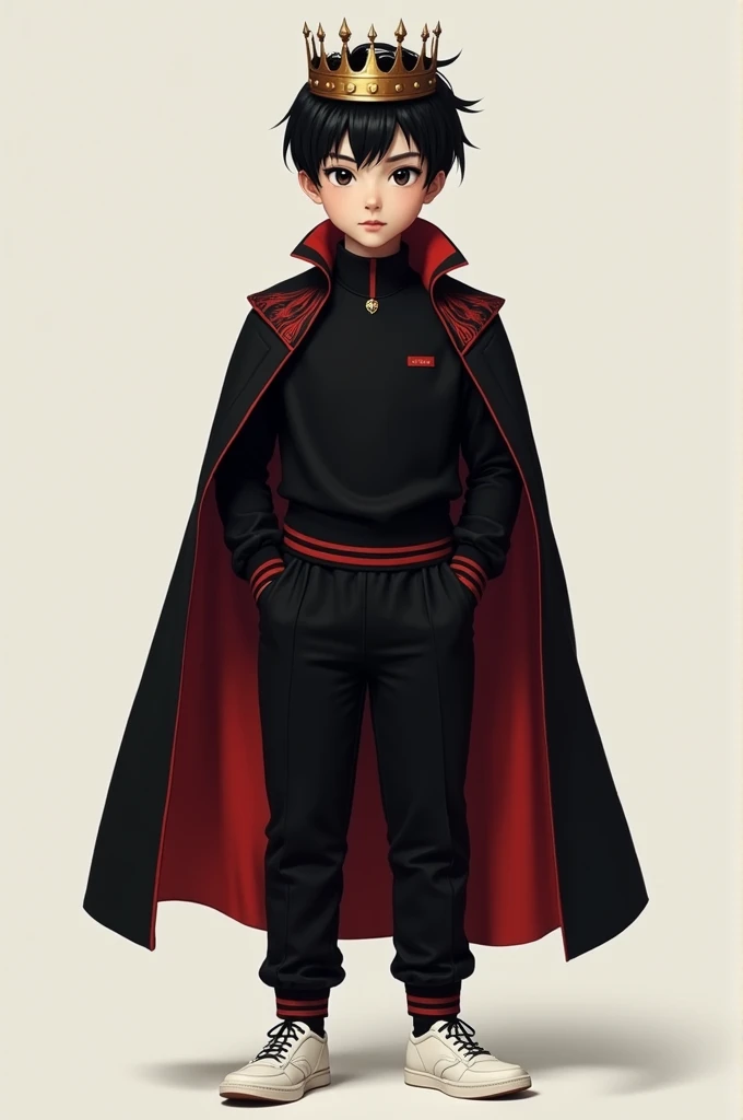 Boy with black hair, a crown, black sweater with red stripes, black pants and white shoes