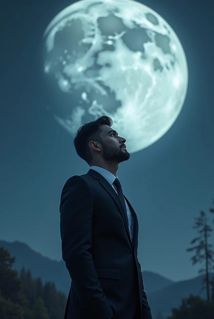 business man, wearing full suit, handsome, looking at a full moon. make the moon really big, no beard on the man
