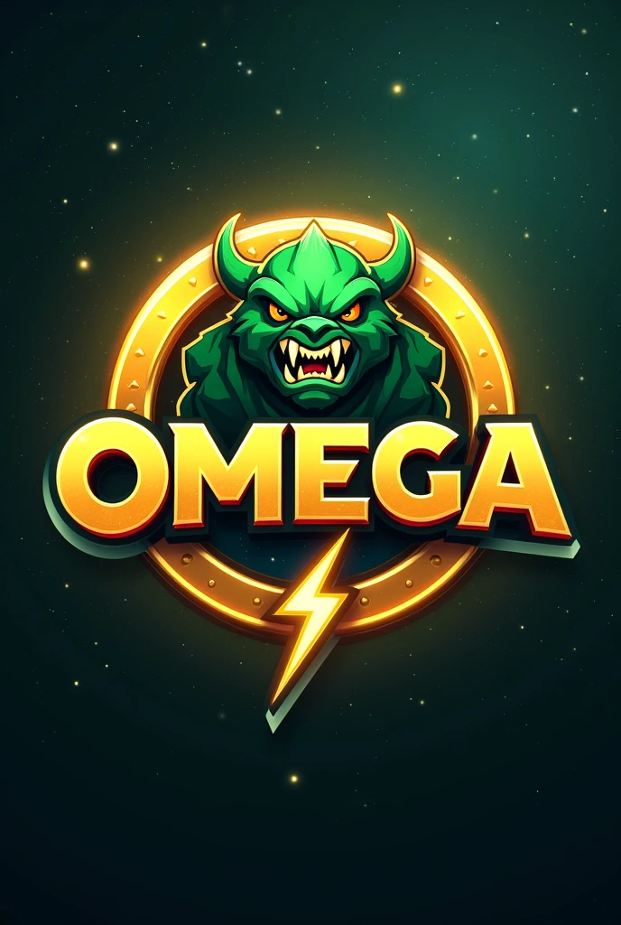 I need to logo for OMEGA with shinning goldren 3d font and the green monster.For esport Background is space in star.i need more classic, graceful and shine.logo in goldren bolt ring.