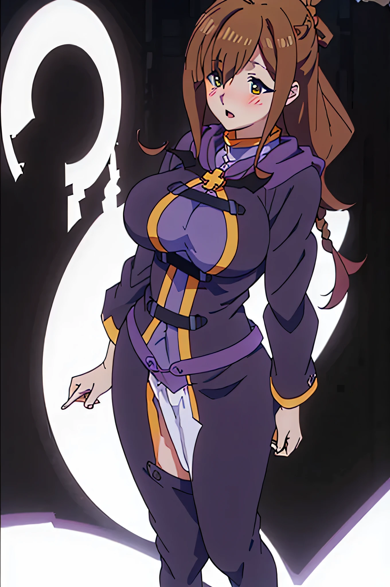 all intricate details, full body, a female anime anime character with large expressive eyes and black hair in a dark purple outfit, 1girl view, solo, virtual youtuber, ahoge, green eye, heterochromia, brown eye, open mouth, white background, breasts, simple background, braid, brown hair, upper body, hair ornament, looking at viewer, symbol-shaped pupils, star (symbol), blush, (wiz konosuba outfit),Wiz, brown hair, golden eyes, lich robes, purple lich robes, boots, hair over eye