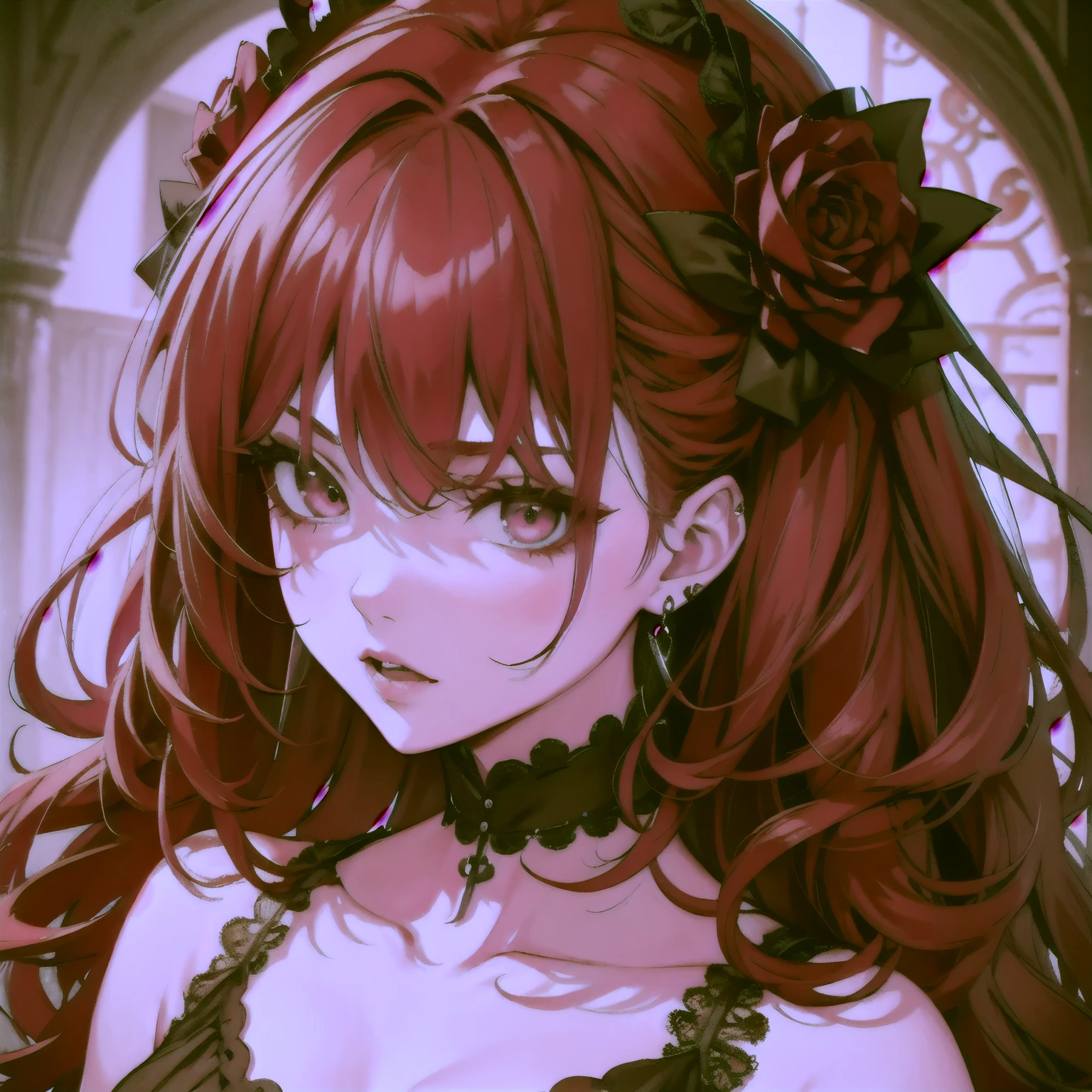 Gothic Fashion、20-year-old woman、8k、high resolution、Detailed clothing、3D Anime Style、Red curly hair、Big dark eyes、High resolution, Very long hair, masterpiece, Earrings, Open your mouth a little, Character portrait,