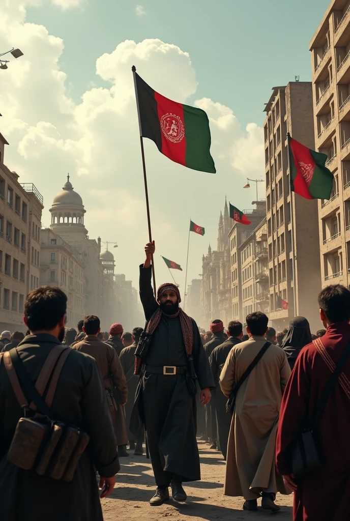 Create an image depicting the Taliban celebrating their victory on the anniversary of the U.S. forces’ withdrawal from Afghanistan. The scene is set in Kabul with the Taliban members, dressed in traditional attire, gathered in a central location. There is a sense of triumph and power in the air, with flags and banners displaying their symbols. The background features the iconic Kabul skyline with some buildings reflecting the effects of the past conflicts. The atmosphere is serious, with subdued, earthy tones dominating the image to reflect the gravity of the occasion. The lighting should be natural, highlighting the somber yet significant mood of the event.