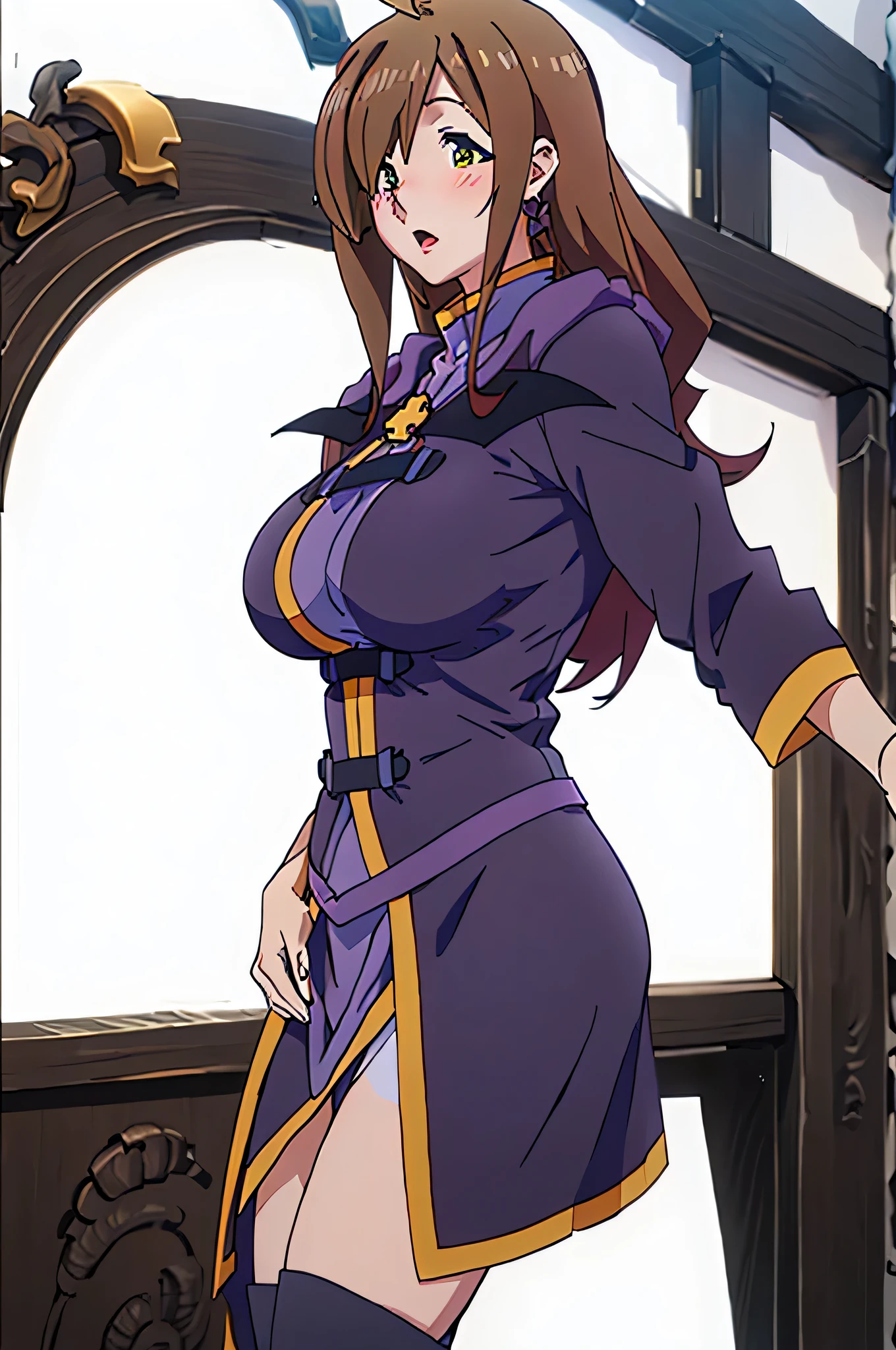 all intricate details, full body, a female anime anime character with large expressive eyes and black hair in a dark purple outfit, 1girl view, solo, virtual youtuber, ahoge, green eye, heterochromia, brown eye, open mouth, white background, breasts, simple background, braid, brown hair, upper body, hair ornament, looking at viewer, symbol-shaped pupils, star (symbol), blush, (wiz konosuba outfit),Wiz, brown hair, golden eyes, lich robes, purple lich robes, boots, hair over eye