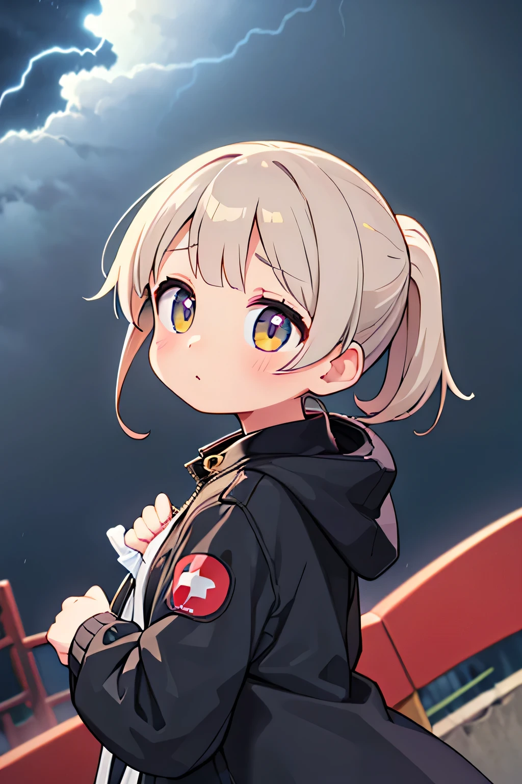 Highest quality、High resolution、Detailed Background、(Beautiful face in every detail:1.4)、Teenage beauty、Anatomically correct、(Normal number of fingers:1.2)、Detailed eyes、Highly detailed face、Perfect body line、Light color hair、Bobcut、ponytail、cute hairstyle、well-groomed eyebrows、Cute gestures、Natural beauty、typhoon、heavy rain、Very strong winds、

(Typhoon day、storm.:1.5)、

Black clouds cover the darkening sky、A strong wind is blowing、wood々The branches are shaking violently、
A girl desperately trying to move forward、Wearing a light jacket and holding her hair down, she is walking with all her might.、She occasionally looks back with a worried expression.、
The girl&#39;s legs are about to get tangled up as the strong wind blows them.、The road is littered with fallen signs and leaves, creating a dangerous situation.、
The girl seems to be desperately walking through it, searching for something.、A girl desperately tries to move forward in the dark and raging nature.、The girl&#39;s efforts and the raging typhoon、cute