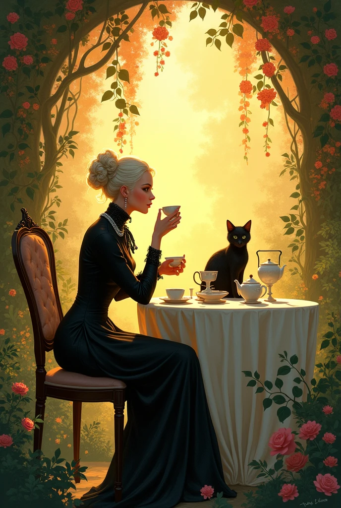 A serene, warm-toned scene in fantasy illustration style with influences of impressionism and Art Nouveau. A sophisticated woman with pale blonde hair is sitting at a sunlit table in a lush, overgrown garden. She is elegantly dressed in a dark, Victorian-inspired outfit, sipping tea from a delicate cup. A black cat sits on the table beside her, with tea sets, teapots, and cups placed around. The setting is bathed in golden light, with shadows and dappled sunlight creating a magical, tranquil atmosphere. The background is filled with vines, flowers, and abstract shapes, blending into the warm light of the setting sun.