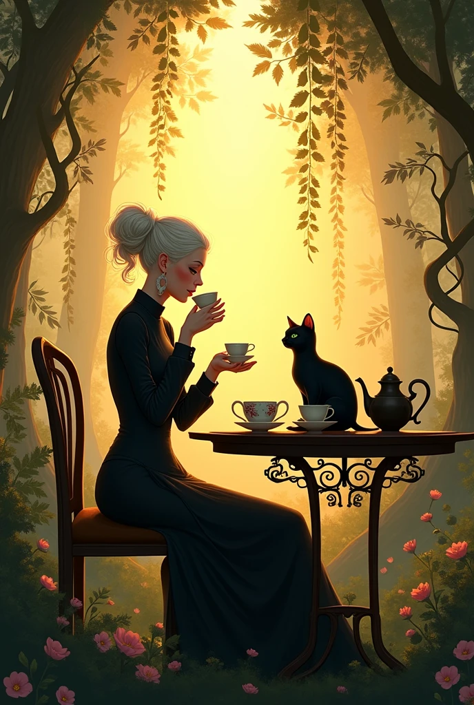 A serene, warm-toned scene in fantasy illustration style with influences of impressionism and Art Nouveau. A sophisticated woman with pale blonde hair is sitting at a sunlit table in a lush, overgrown garden. She is elegantly dressed in a dark, Victorian-inspired outfit, sipping tea from a delicate cup. A black cat sits on the table beside her, with tea sets, teapots, and cups placed around. The setting is bathed in golden light, with shadows and dappled sunlight creating a magical, tranquil atmosphere. The background is filled with vines, flowers, and abstract shapes, blending into the warm light of the setting sun.