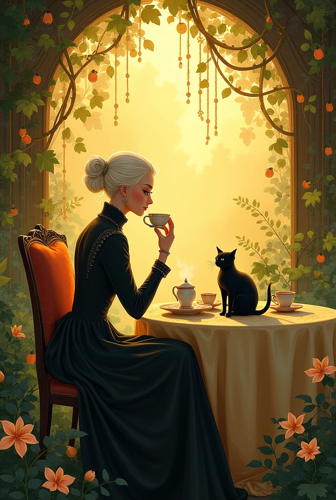 A serene, warm-toned scene in fantasy illustration style with influences of impressionism and Art Nouveau. A sophisticated woman with pale blonde hair is sitting at a sunlit table in a lush, overgrown garden. She is elegantly dressed in a dark, Victorian-inspired outfit, sipping tea from a delicate cup. A black cat sits on the table beside her, with tea sets, teapots, and cups placed around. The setting is bathed in golden light, with shadows and dappled sunlight creating a magical, tranquil atmosphere. The background is filled with vines, flowers, and abstract shapes, blending into the warm light of the setting sun.