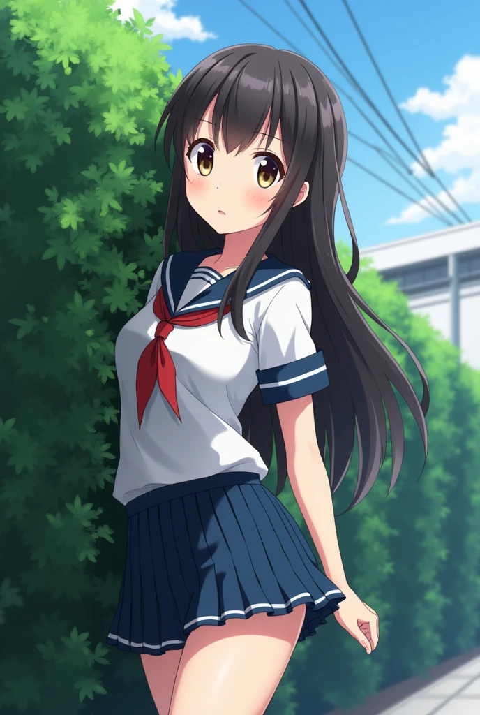 Beautiful 14 year old girl, japanese, schoolgirl clothes, huge ass, visible ass, hidden behind a bush, huge ass, huge butt, Shoulder length hair, hidden behind a bush, at school, ??????, anime style, teen, ass in pomp, mini skirt, huge ass, huge ass