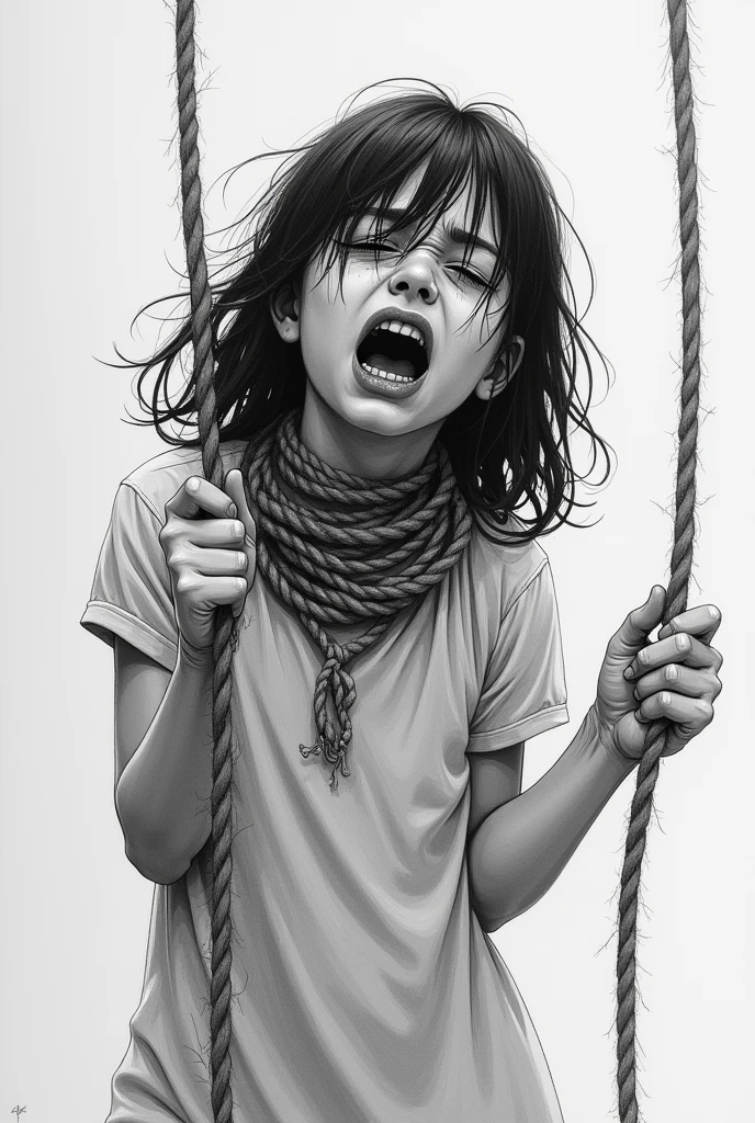 illustration illustrating the drowning game in which a girl has a rope around her neck and is hanging herself, illustration made in black and white in pencil, it is a popular game.