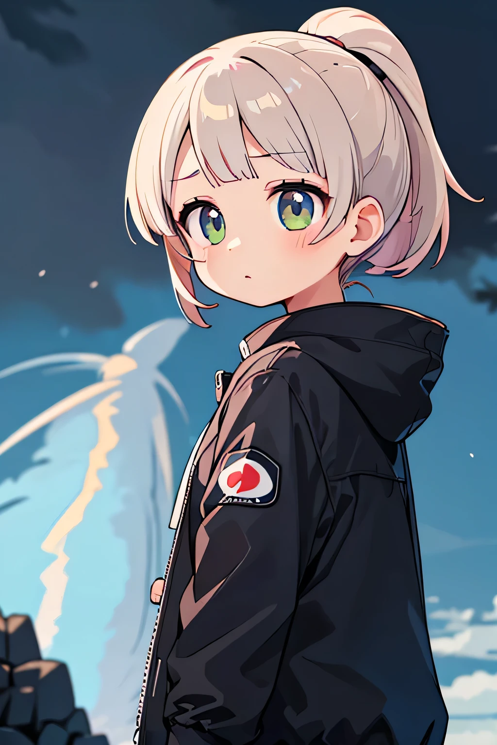 Highest quality、High resolution、Detailed Background、(Beautiful face in every detail:1.4)、age beauty、Anatomically correct、(Normal number of fingers:1.2)、Detailed eyes、Highly detailed face、Perfect body line、Light color hair、Bobcut、ponytail、cute hairstyle、well-groomed eyebrows、Cute gestures、Natural beauty、typhoon、heavy rain、Very strong winds、
(Typhoon day、storm.:1.5)、
Black clouds cover the darkening sky、A strong wind is blowing、wood々The branches are shaking violently、
A girl desperately trying to move forward、Wearing a light jacket and holding her hair down, she is walking with all her might.、She occasionally looks back with a worried expression.、
The girl's legs are about to get tangled up as the strong wind blows them.、The road is littered with fallen signs and leaves, creating a dangerous situation.、
The girl seems to be desperately walking through it, searching for something.、A girl desperately tries to move forward in the dark and raging nature.、The girl's efforts and the raging typhoon、cute