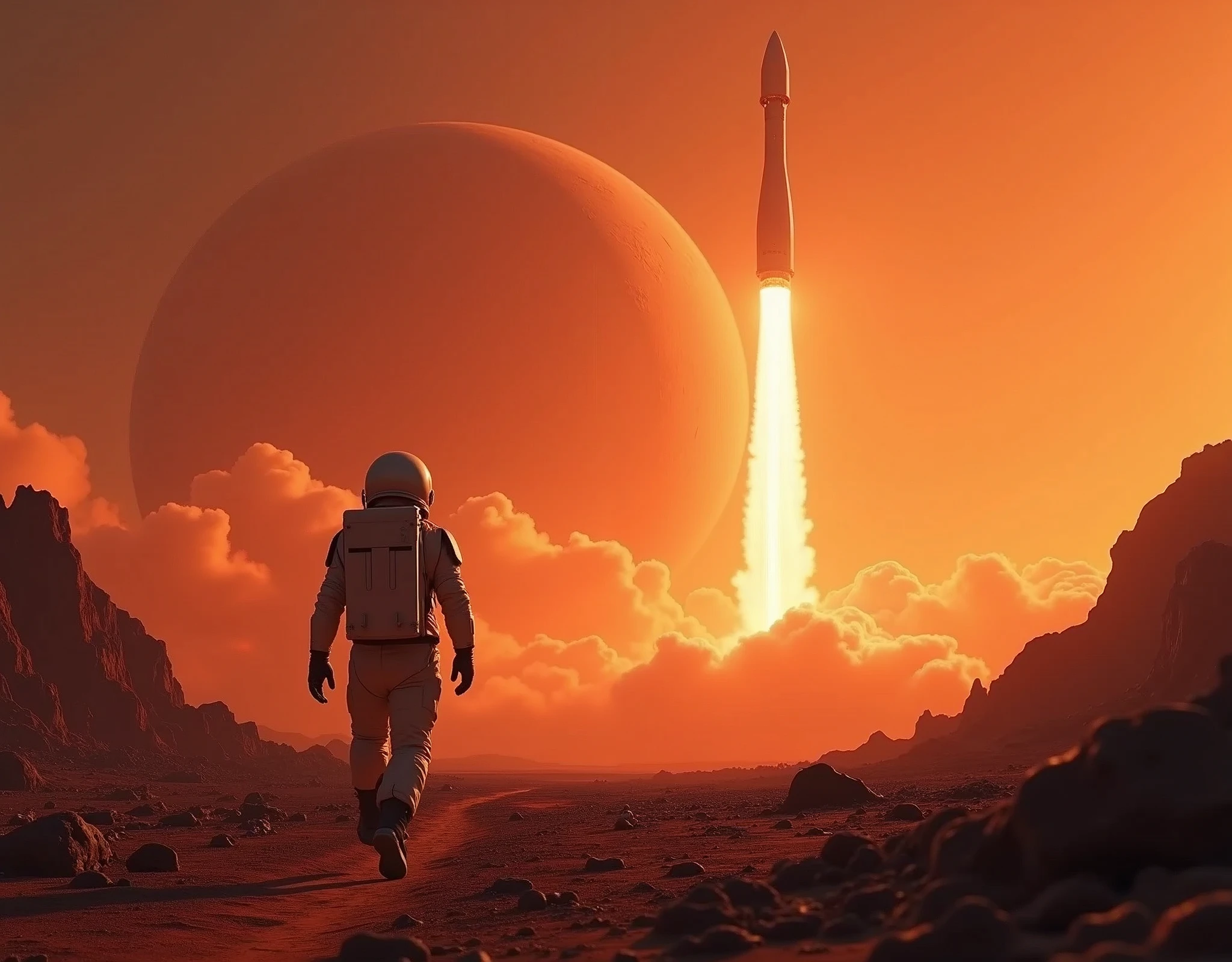 A lone astronaut steps forward, against the crimson-hued horizon, towards a towering rocket's fiery ascent. The barren terrain stretches out, dotted with rocky outcroppings, as the distant planet's rugged surface looms large. Warm light bathes the scene, casting long shadows, as the rocket's blazing trail pierces the sky.