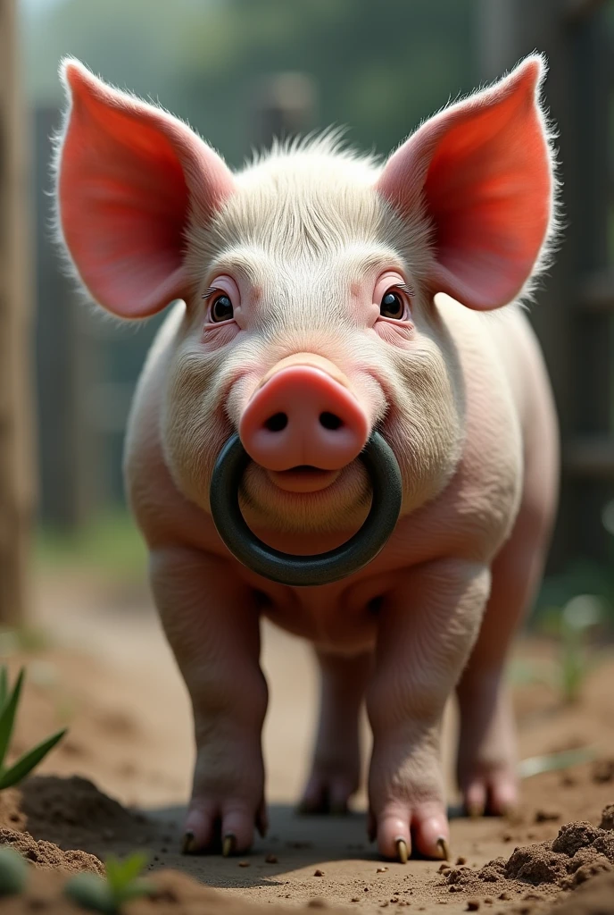 A real pig that has a ring in its snout. 