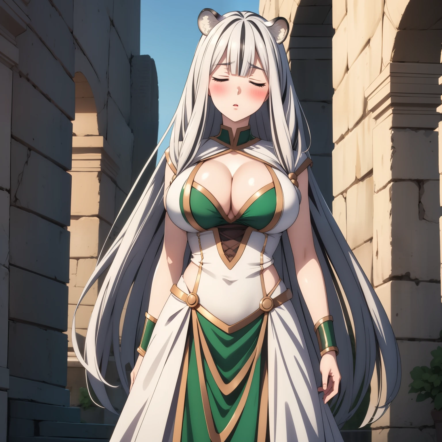 Atlas Fayon woman 40 years old, white hair with black stripes ,white tiger ears, closed eyes, mujer ciega con closed eyes, expresión confident,  confident. trust. blush,  Pale skin, big breasts, dressed as a green Greek goddess,  goddess cosplay . I am standing by some Roman ruins. big breasts.