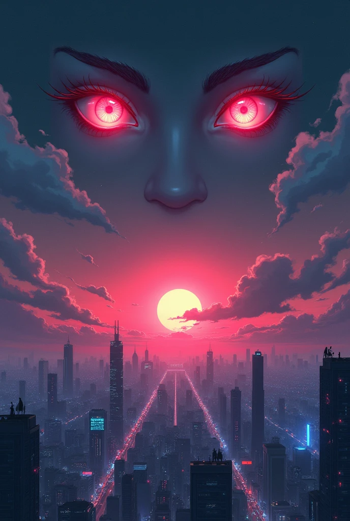 I wanted something like the Japanese cyberpunk cities in the background, as if it were a sunset, and two feminine eyes on the horizon above the city but that's at night, the same way, just highlighting the eyes a little more, as if they were the eyes of white girls. I WANT THE CITY IN THE BACKGROUND, IN THE PLACE OF THE SUN, On the plain (ground place) I WANT THE CLOUDS, makes the eyes more beautiful and detailed 