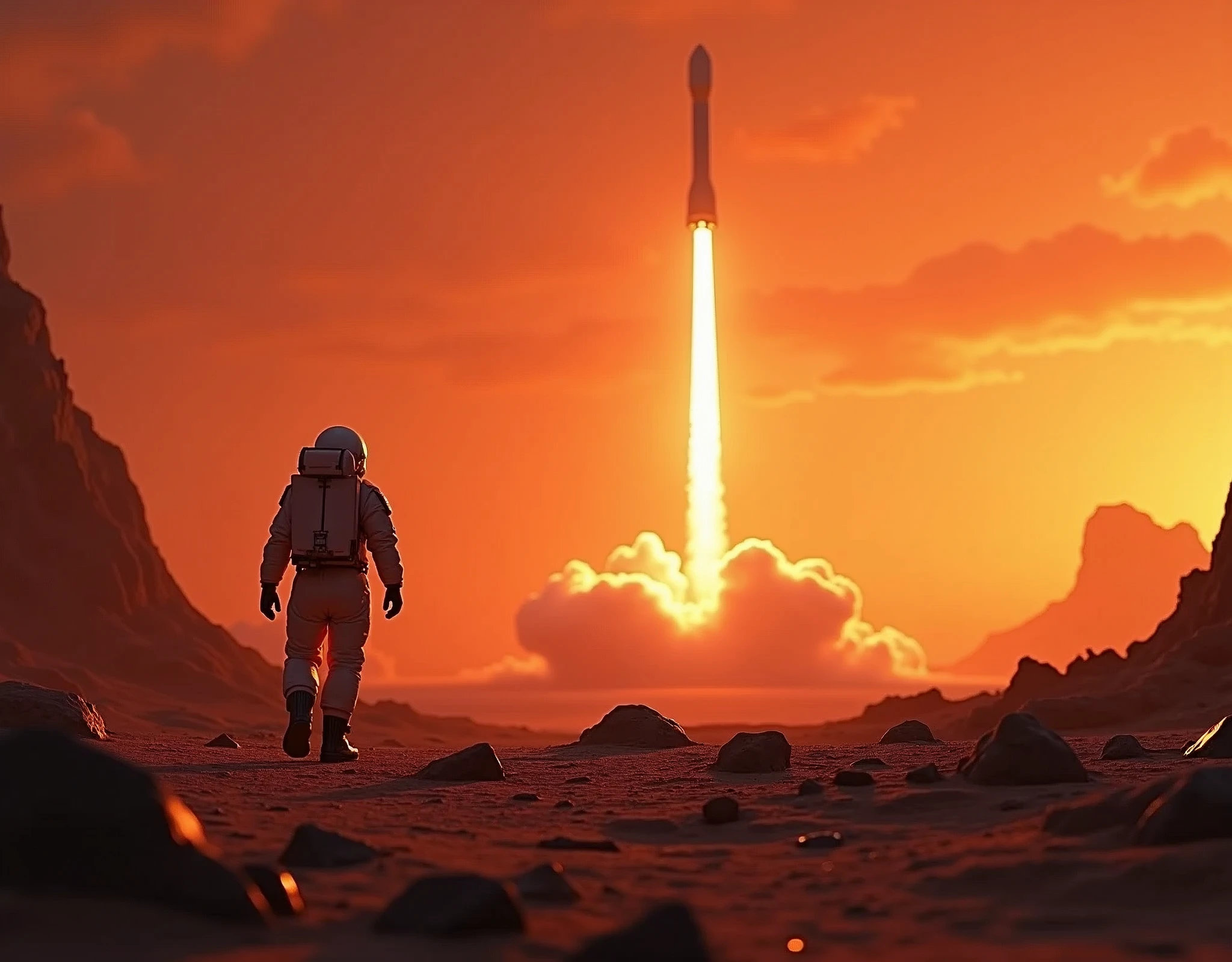 A lone astronaut steps forward, against the crimson-hued horizon, towards a towering rocket's fiery ascent. The barren terrain stretches out, dotted with rocky outcroppings, as the distant planet's rugged surface looms large. Warm light bathes the scene, casting long shadows, as the rocket's blazing trail pierces the sky.