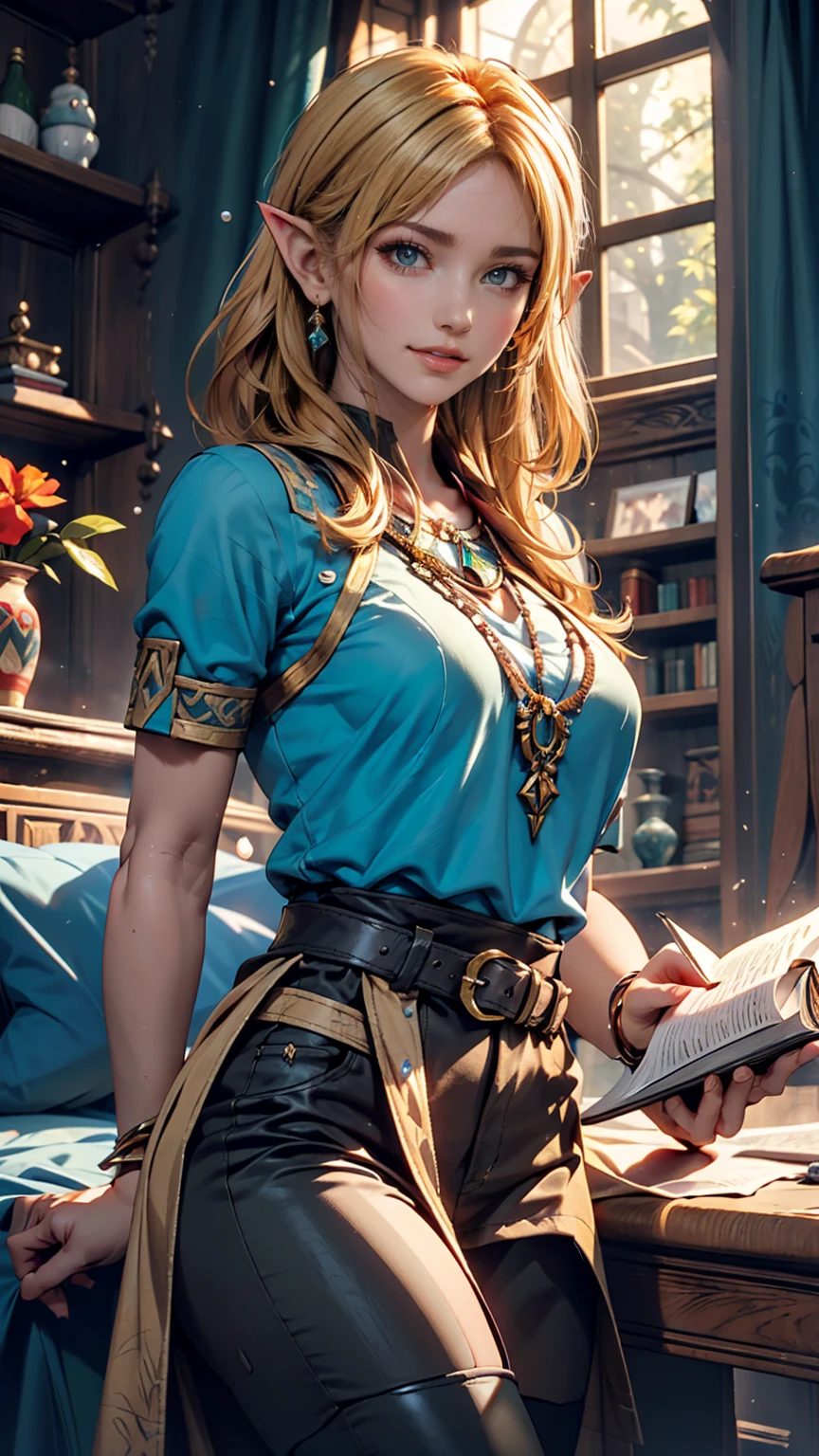 Princess Zelda, One person, Artist Request, belt, Blonde, blue shirt, Book, boots, smile、whole body, Green Eyes, High resolution, View your viewers, magic, Nintendo, pants, Pointed Ears, shirt, short hair, Simple Background, alone, The Legend of Zelda, The Legend of Zelda: Tears of the Kingdom, The Legend of Zelda: Tears of the Kingdom, Flowers made of light, magic