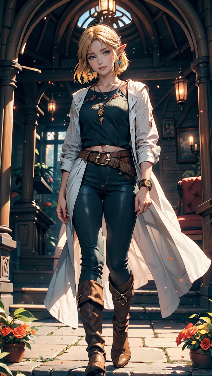 Princess Zelda, One person, Artist Request, belt, Blonde, blue shirt, Book, boots, smile、whole body, Green Eyes, High resolution, View your viewers, magic, Nintendo, pants, Pointed Ears, shirt, short hair, Simple Background, alone, The Legend of Zelda, The Legend of Zelda: Tears of the Kingdom, The Legend of Zelda: Tears of the Kingdom, Flowers made of light, magic
