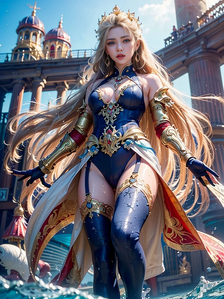 (((masterpiece, best quality))), (((high quality))), (((high resolution illustration))), (((hyper detail))),NSFW, (((Wordsworth's Sharon))),(((Very beautiful long blonde hair))), (((Very beautiful face))), ((((Detailed face)))),(((very beautiful blue eyes))),(((Realistic Skin))),(((her face is flushed))),(((slim body))),(((slim thighs))),(((small breasts))),(((very beautiful slender legs))),(((gold and blue and red armor with extremely detailed and intricate decoration))),(((beautiful earrings))),(((beautiful hair ornaments))),(((in the sea at the very beautiful beach))),(((wet her skin))),(((1girl))),(((1boy))),(((very angry))),(((a girl is walking with a boy ))),(((from below)))