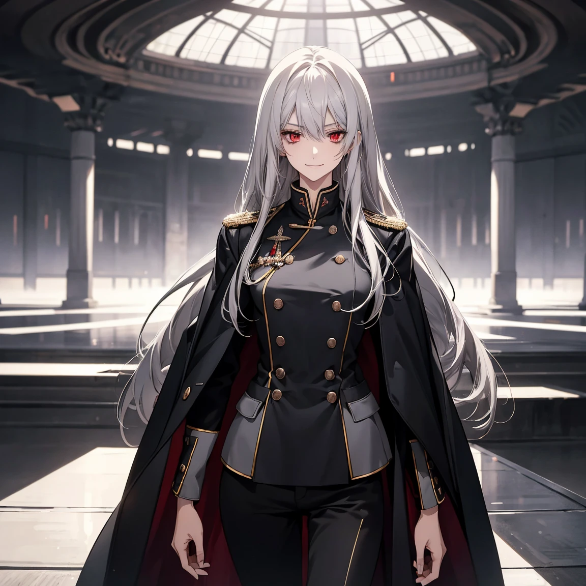 (Confused, High resolution, Very detailed), 1 female, Silver Hair,Long Hair,Bright red eyes,White and black military uniform,24th generation,beauty,mature,thin,quiet,Calm,A small smile,A kind smile,In front of people you like,Long coat,Slender and thin,boots,skinny pants,observatory,Small breasts,